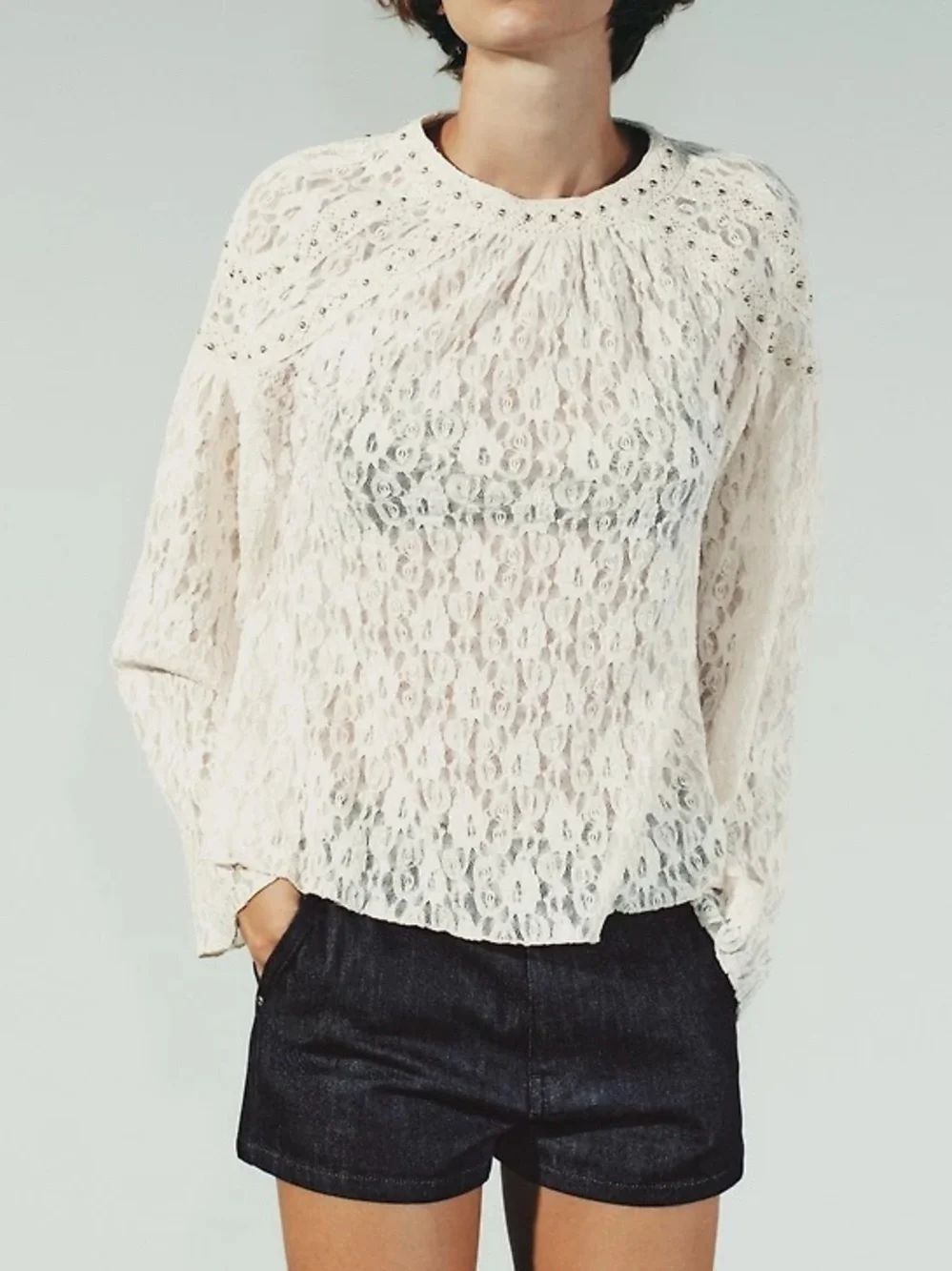 Zara Cream Lace Long-Sleeve Top with Embellished Size M NWT